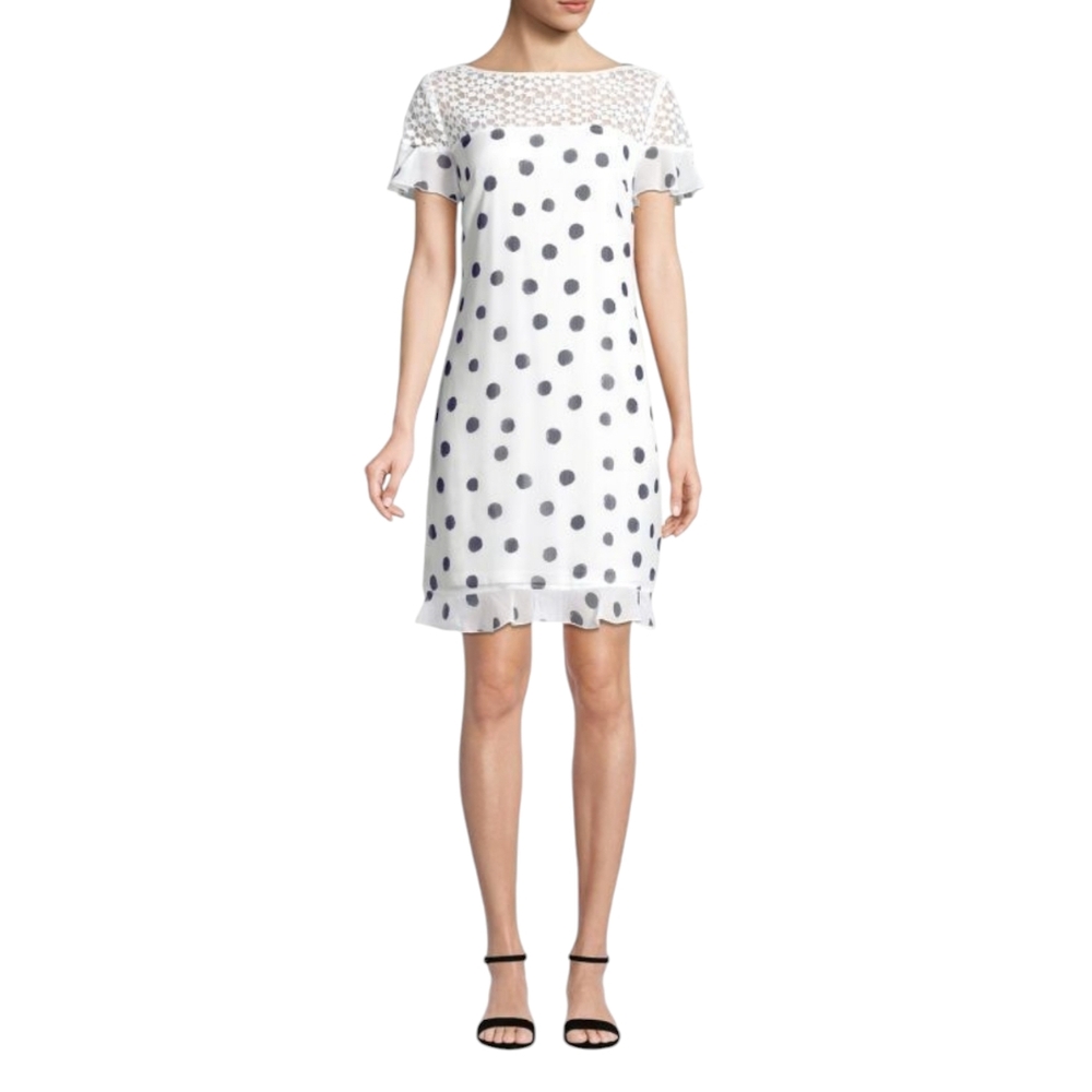 Karl Lagerfeld Paris Dress Womens‎ 10 Sheath Ivory Navy Polka Dot Lace Ruffle